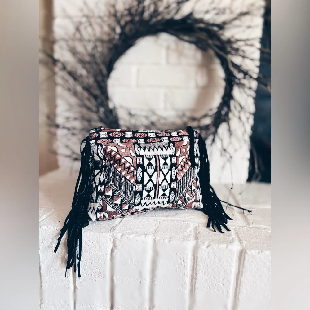 Clutch ELEVATED BOHO Tapestry & Suede Fringe Clutch with Metallic Thread